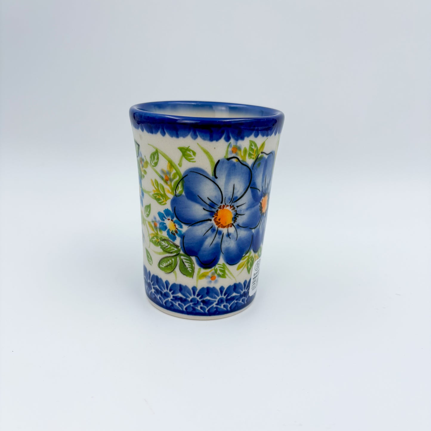 Mug Tumbler 7oz. Handcrafted Polish pottery stoneware:  UNIKAT Blue Daisy