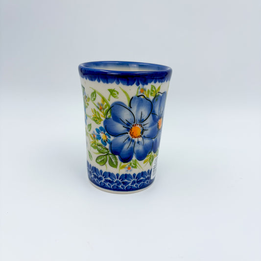 Mug Tumbler 7oz. Handcrafted Polish pottery stoneware:  UNIKAT Blue Daisy
