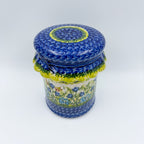 7" Container with Ruffled Lid Large.  Handmade Polish pottery.  UNIKAT Bluebell Meadow Design