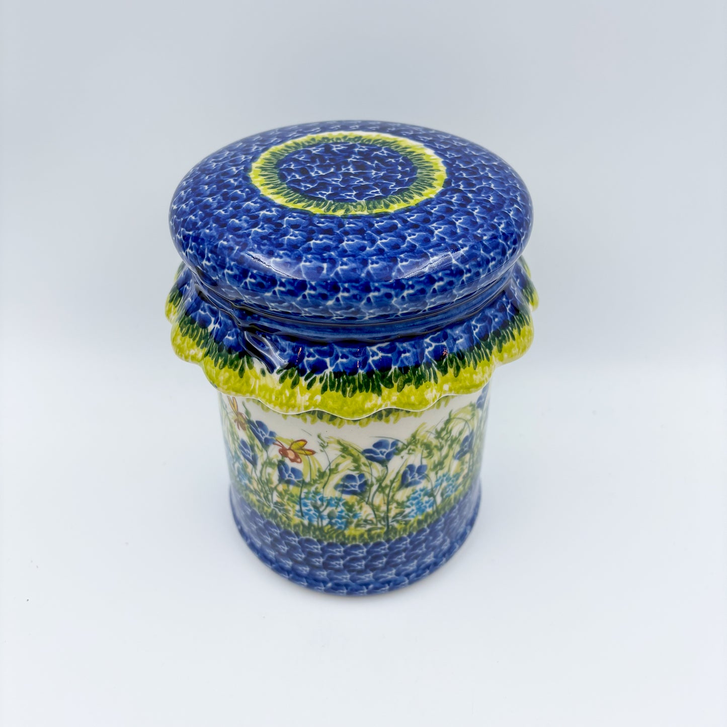 7" Container with Ruffled Lid Large.  Handmade Polish pottery.  UNIKAT Bluebell Meadow Design