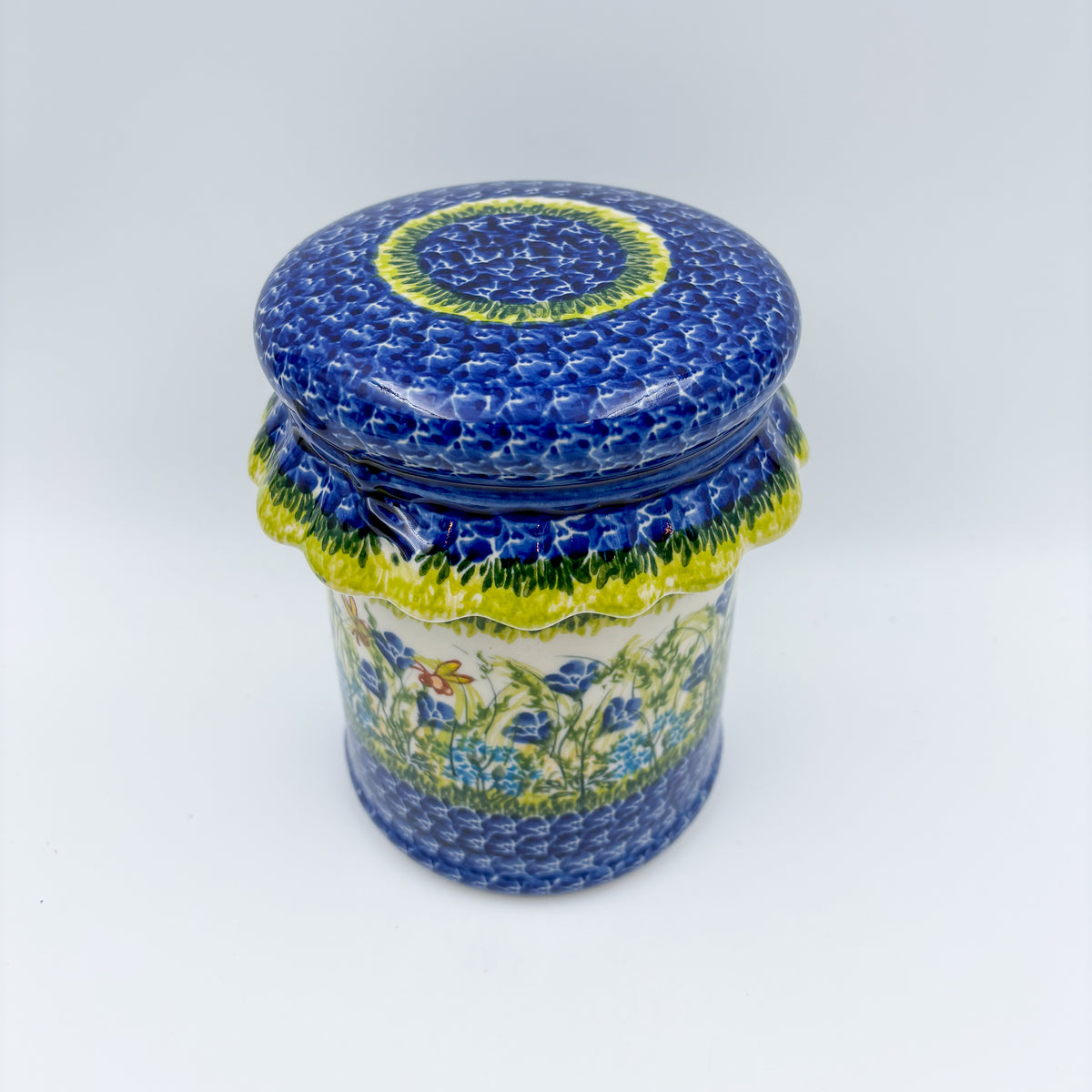 7" Container with Ruffled Lid Large.  Handmade Polish pottery.  UNIKAT Bluebell Meadow Design