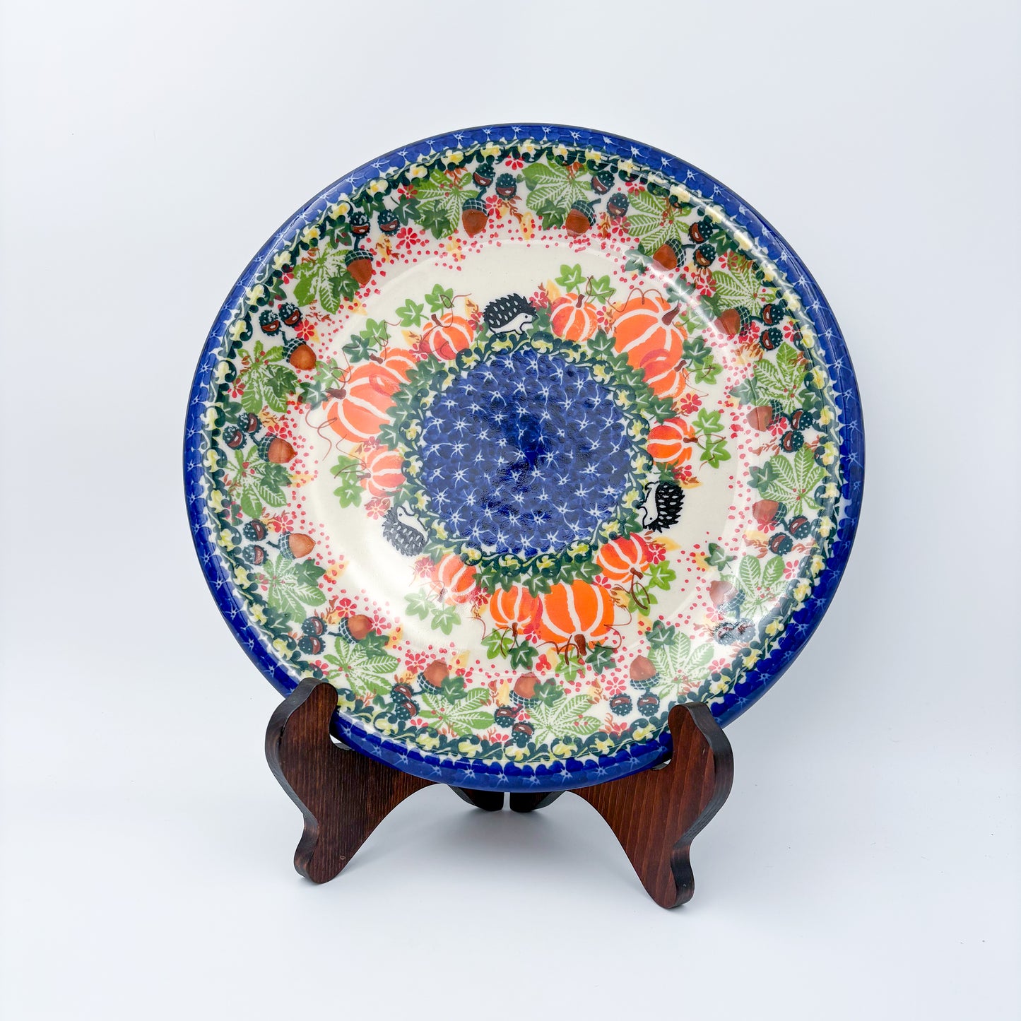 10.2” Plate.  Hand crafted Polish pottery stoneware: UNIKAT Hedgehog and Pumpkins