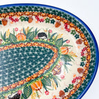 14.5" Oval Platter.  Hand crafted Polish pottery stoneware: UNIKAT Hedgehog and Pumpkins