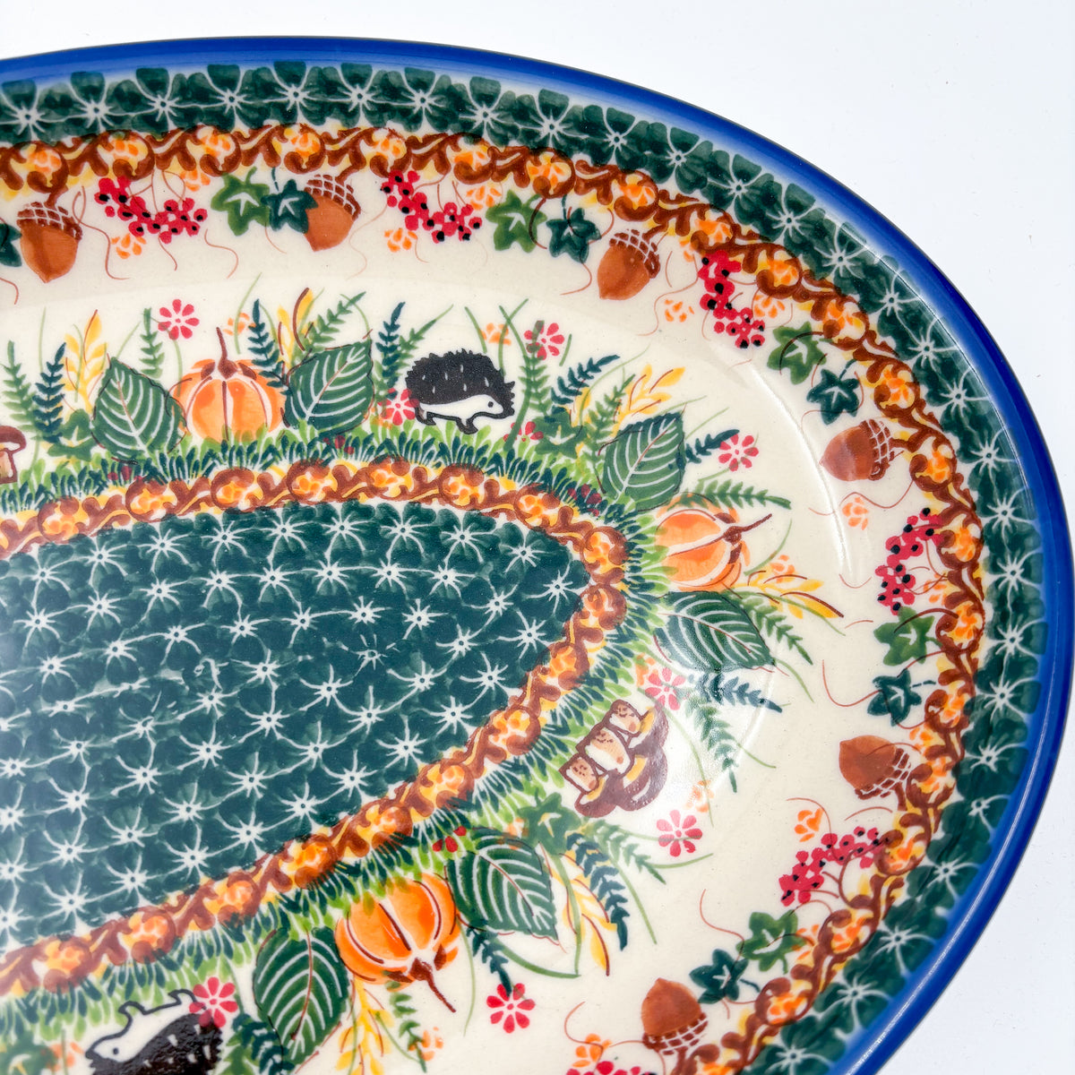 14.5" Oval Platter.  Hand crafted Polish pottery stoneware: UNIKAT Hedgehog and Pumpkins