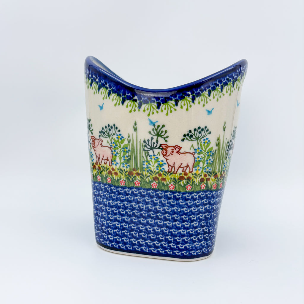 Basket Container & Utensil Med.  Handmade Polish pottery.  UNIKAT Piglet Pasture Design