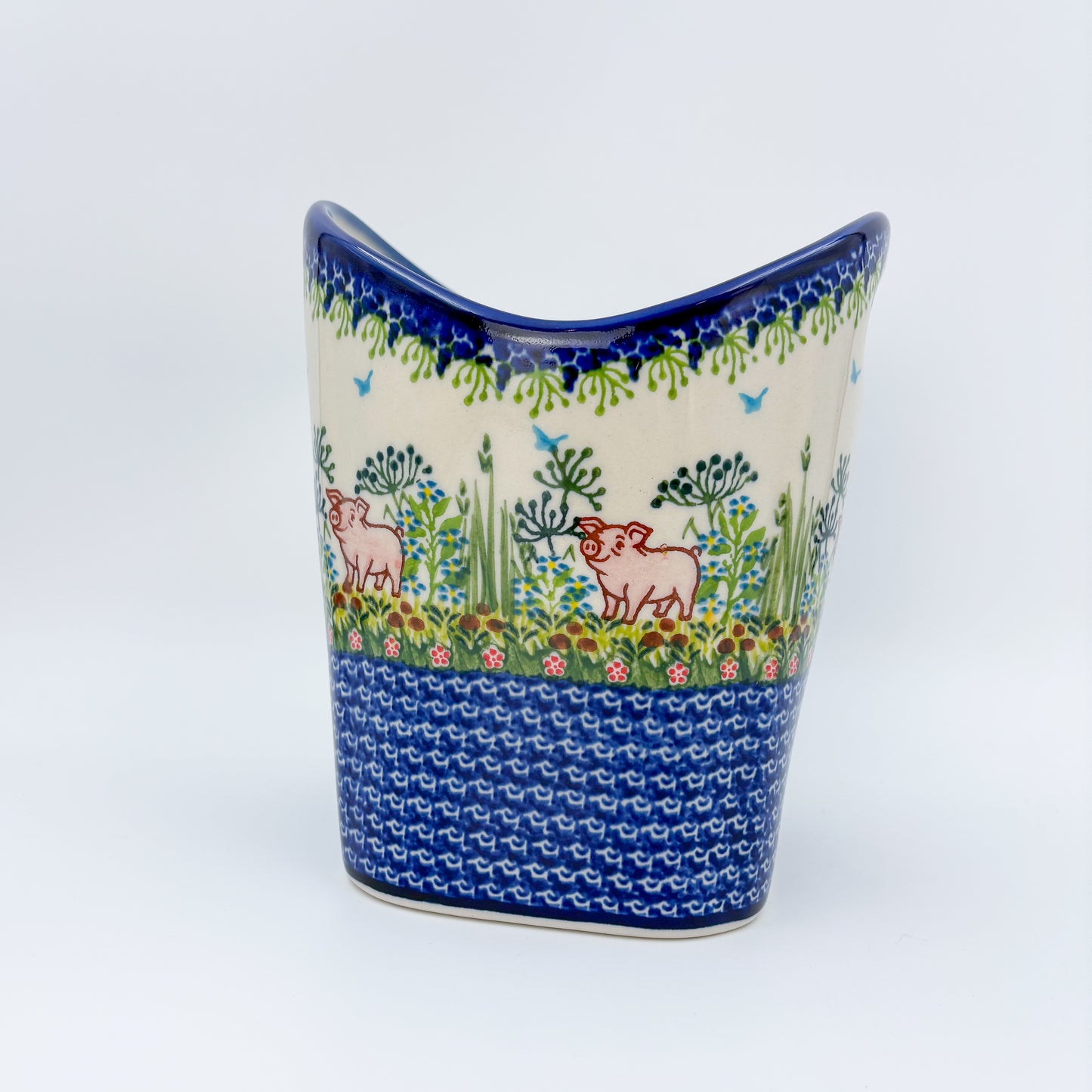 Basket Container & Utensil Med.  Handmade Polish pottery.  UNIKAT Piglet Pasture Design