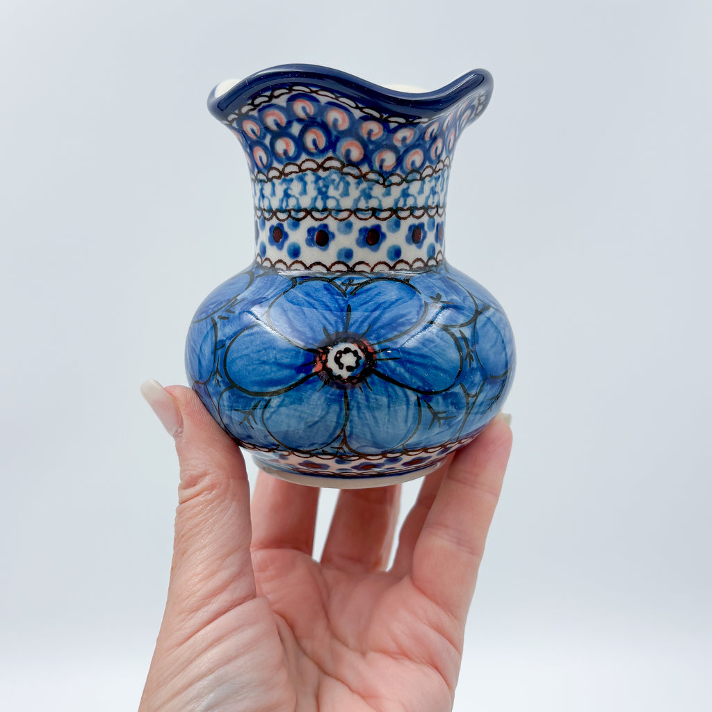 Vase Wavy 4”.  Handmade Polish pottery.  UNIKAT Cobalt Poppies Design