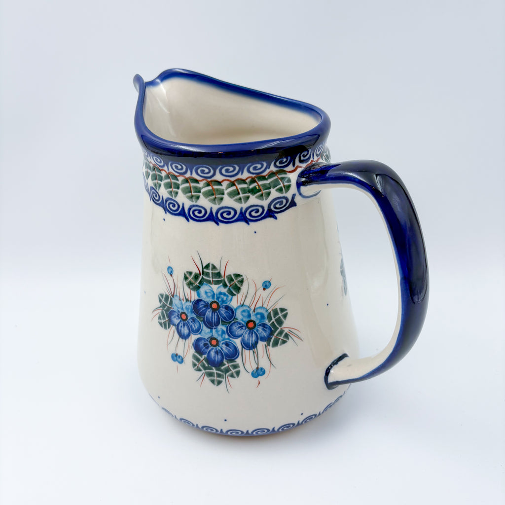 48 oz. Jacek Pitcher.  Hand painted Polish pottery stoneware UNIKAT Pansy Blues