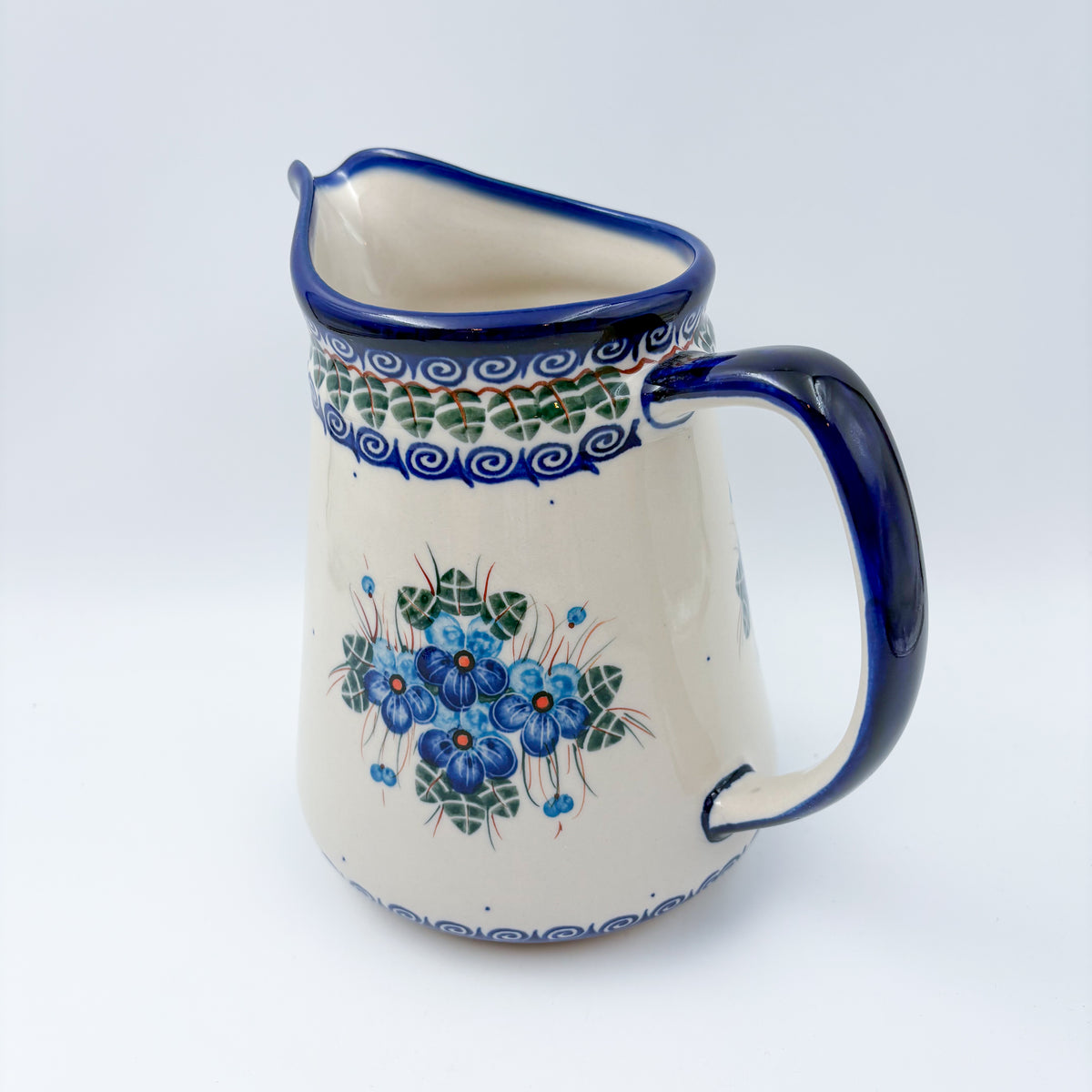 48 oz. Jacek Pitcher.  Hand painted Polish pottery stoneware UNIKAT Pansy Blues