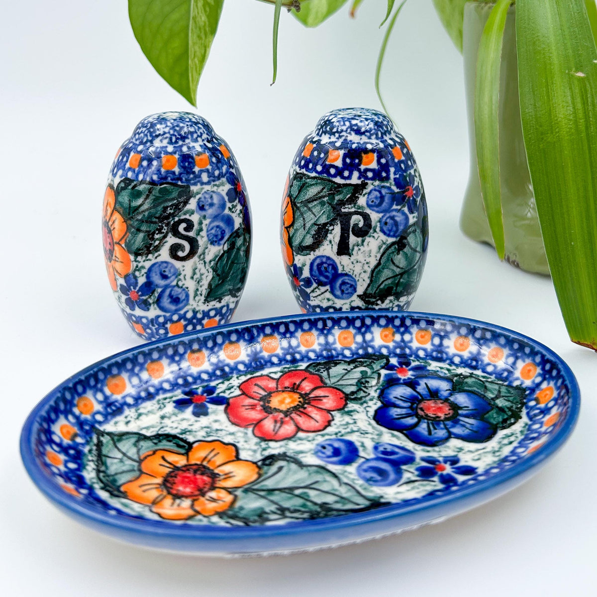 5” blue, green and orange salt and pepper shakers