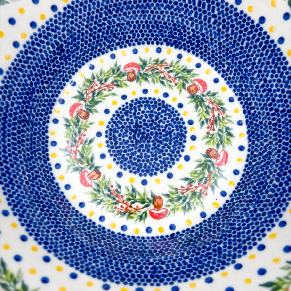 13” Wavy Bowl XL.  Hand crafted Polish pottery stoneware:  UNIKAT Holiday Mushroom Design