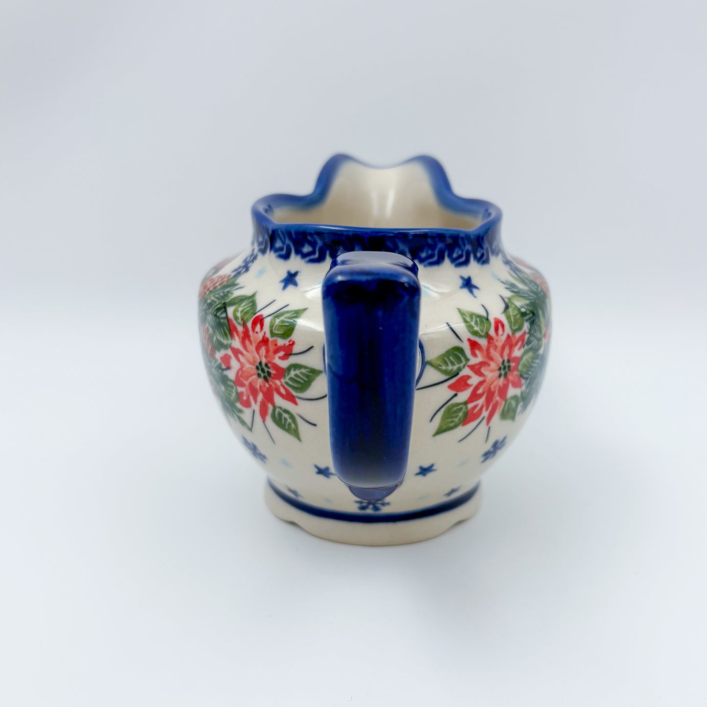 18 oz Loop Handle Gravy Dish.  Hand painted Polish pottery stoneware.  UNIKAT Cardinal Winter