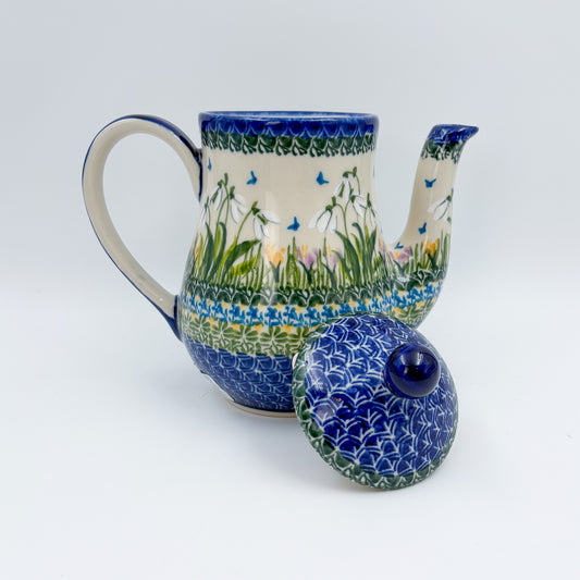 23 oz Teapot Florencja Handcrafted Potery in Poland.  Snowdrop Garden