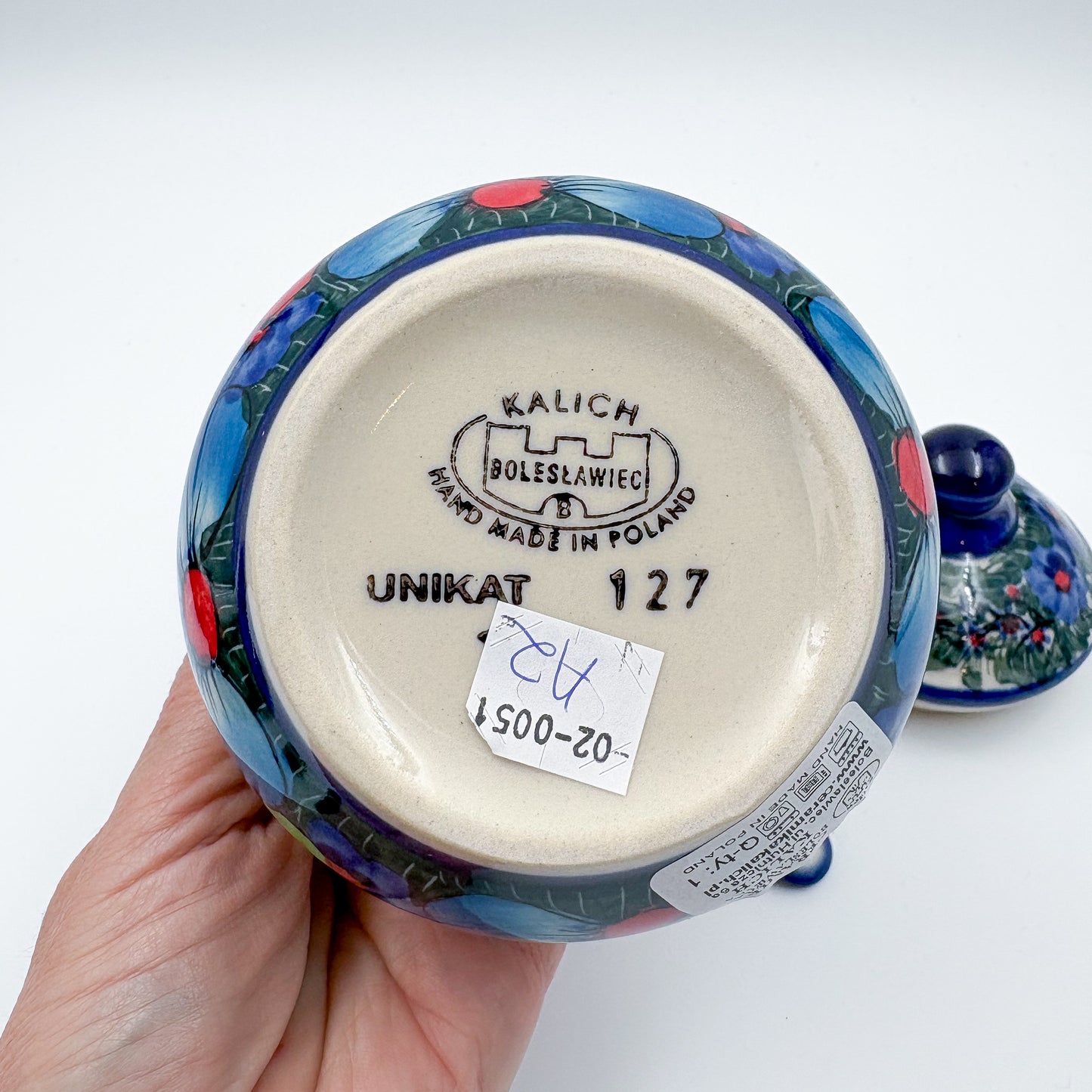 Sugar Bowl and spoon.  UNIKAT Forget Me Knot Pansy Pattern