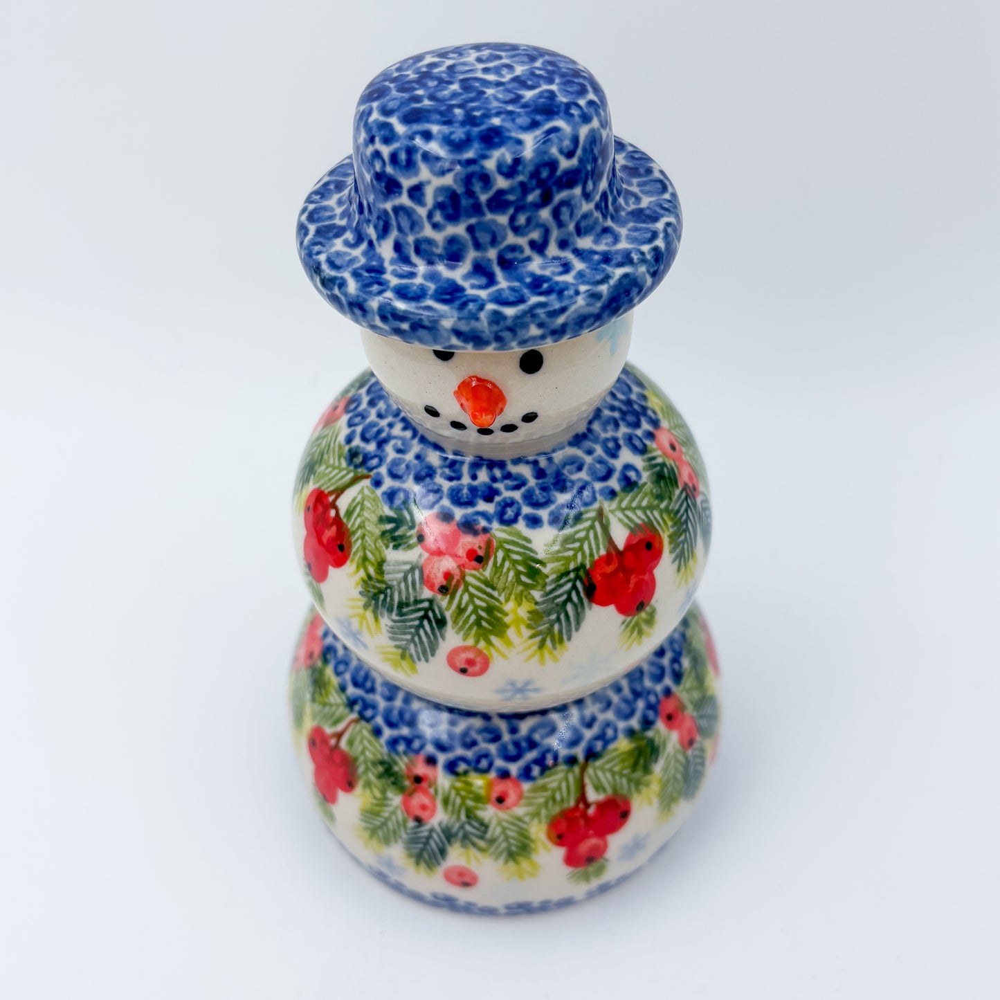 6" Snowman.  Handmade Polish pottery.  UNIKAT Red Berry Design