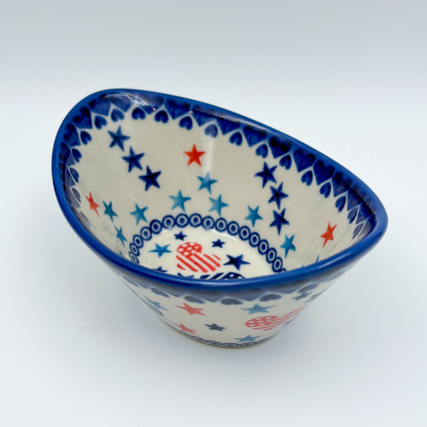 6” Oval Tub Bowl.  Hand crafted Polish pottery stoneware:  UNIKAT Stars and Stripes Pattern