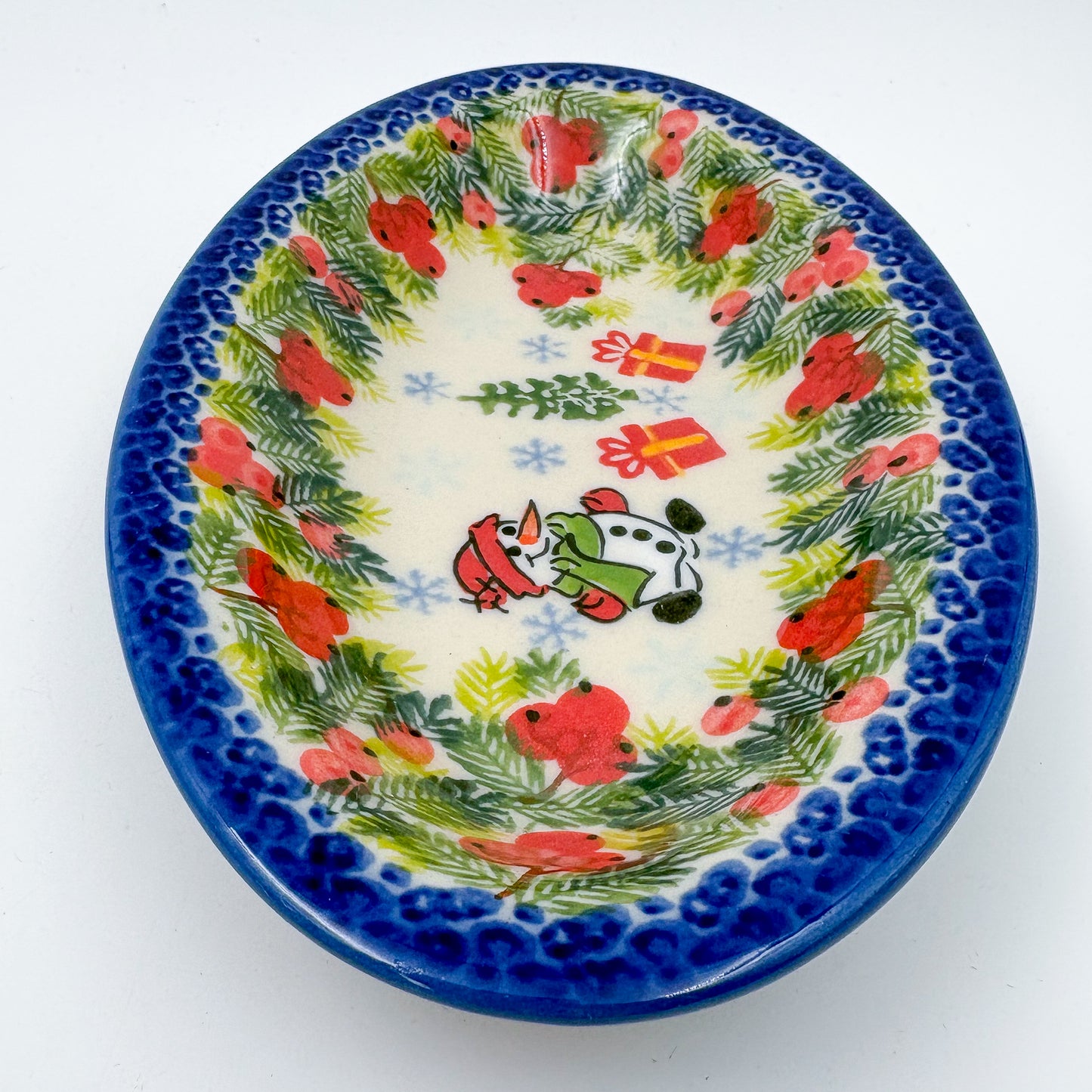 7" Oval Milano Platter  Hand crafted Polish pottery stoneware: UNIKAT Berry Snowman Design