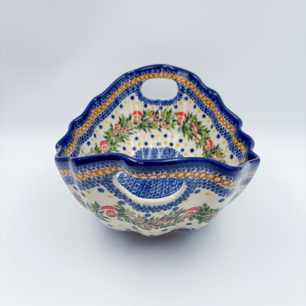 UNIKAT Mushroom Pattern Lodka bowl with handles, front view showing scalloped handles and mushroom wreath