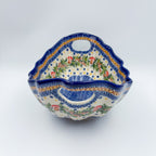 UNIKAT Mushroom Pattern Lodka bowl with handles, front view showing scalloped handles and mushroom wreath