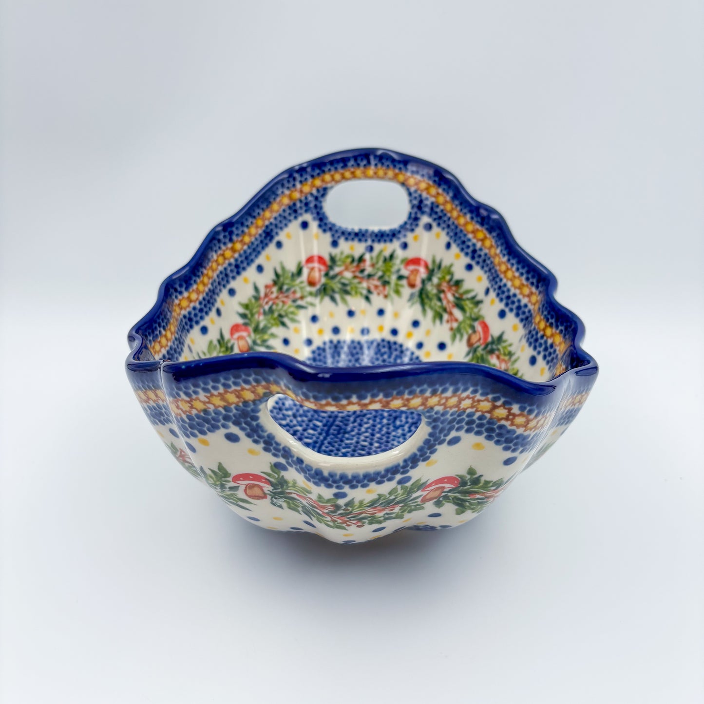 10" Lodka Bowl with Handles.  Hand crafted Polish pottery stoneware:  UNIKAT Mushroom Pattern