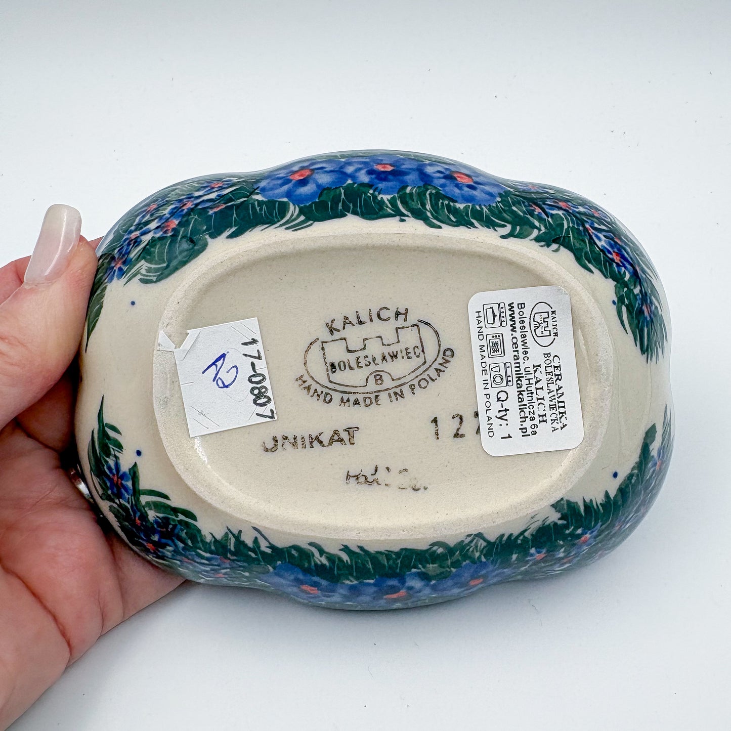 5" Soap Dish.  Handmade Polish pottery.  UIKAT Forget Me Not Design