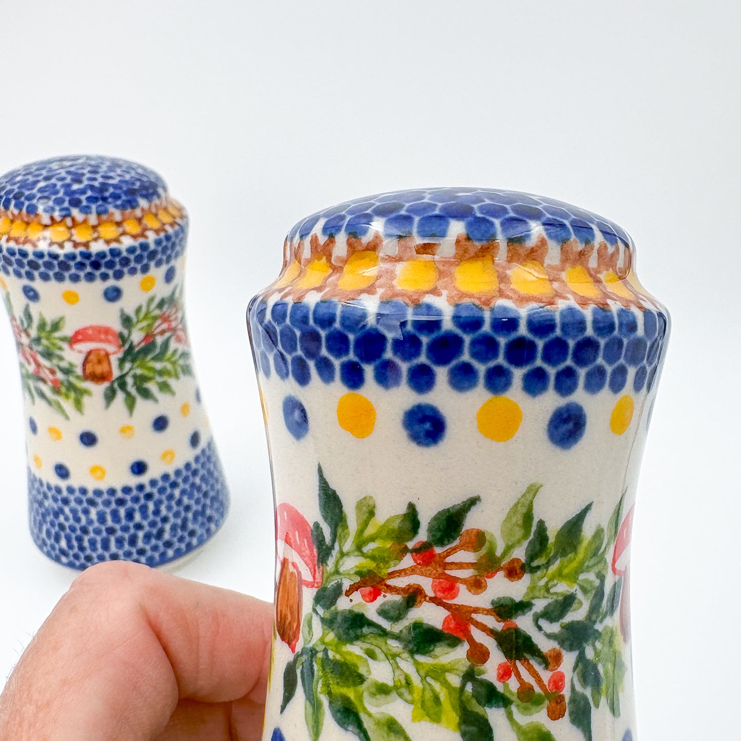 5” Salt and Pepper Shakers.  Handmade Polish pottery.  UNIKAT Mushrooms