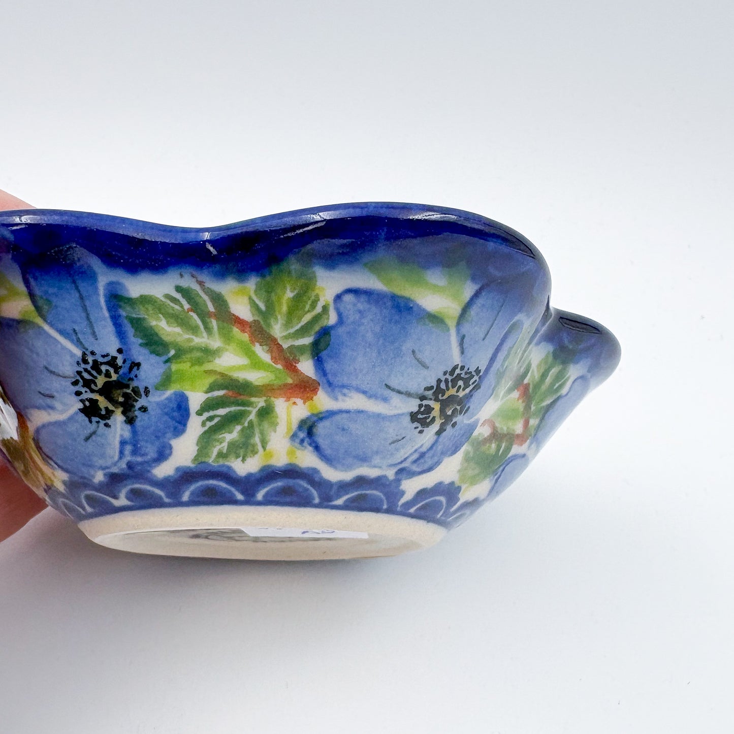 5” Bowl Flower.  Hand crafted Polish pottery stoneware:  UNIKAT Blue Poppy Songbird pattern