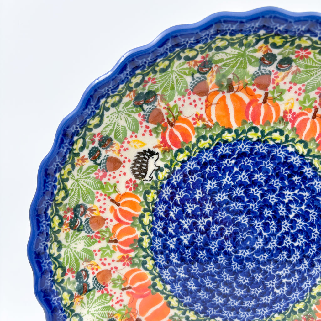 9.6” Pie Baker Handmade in Poland.  UNIKAT Hedgehog and Pumpkins Design