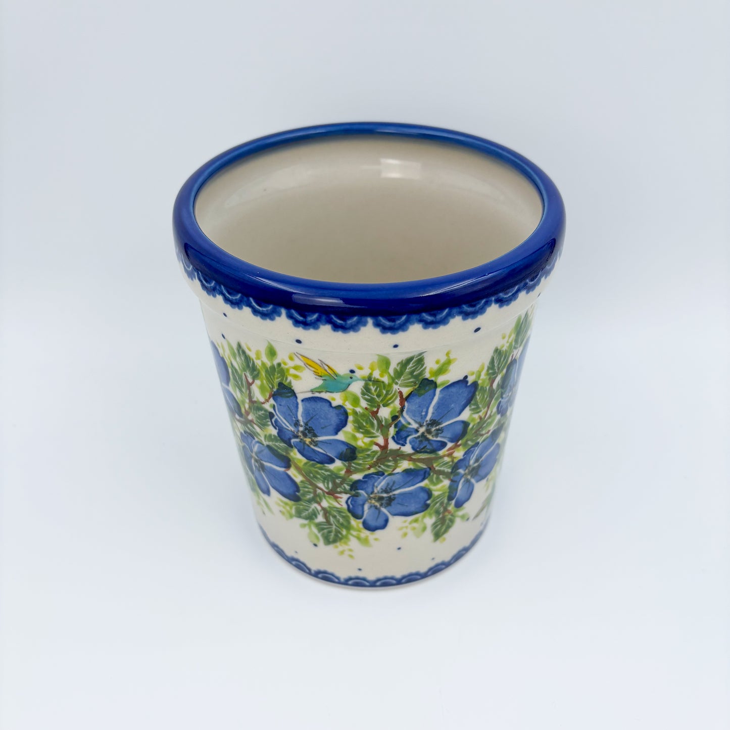 Utensil Jar 5.5”.  Handmade Polish pottery.  UNIKAT Blue Poppy Songbird