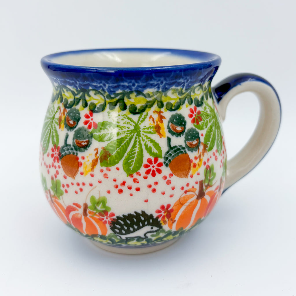 10 oz Bubble Mug. Handcrafted Polish pottery stoneware:  UNIKAT Hedgehog and Pumpkin