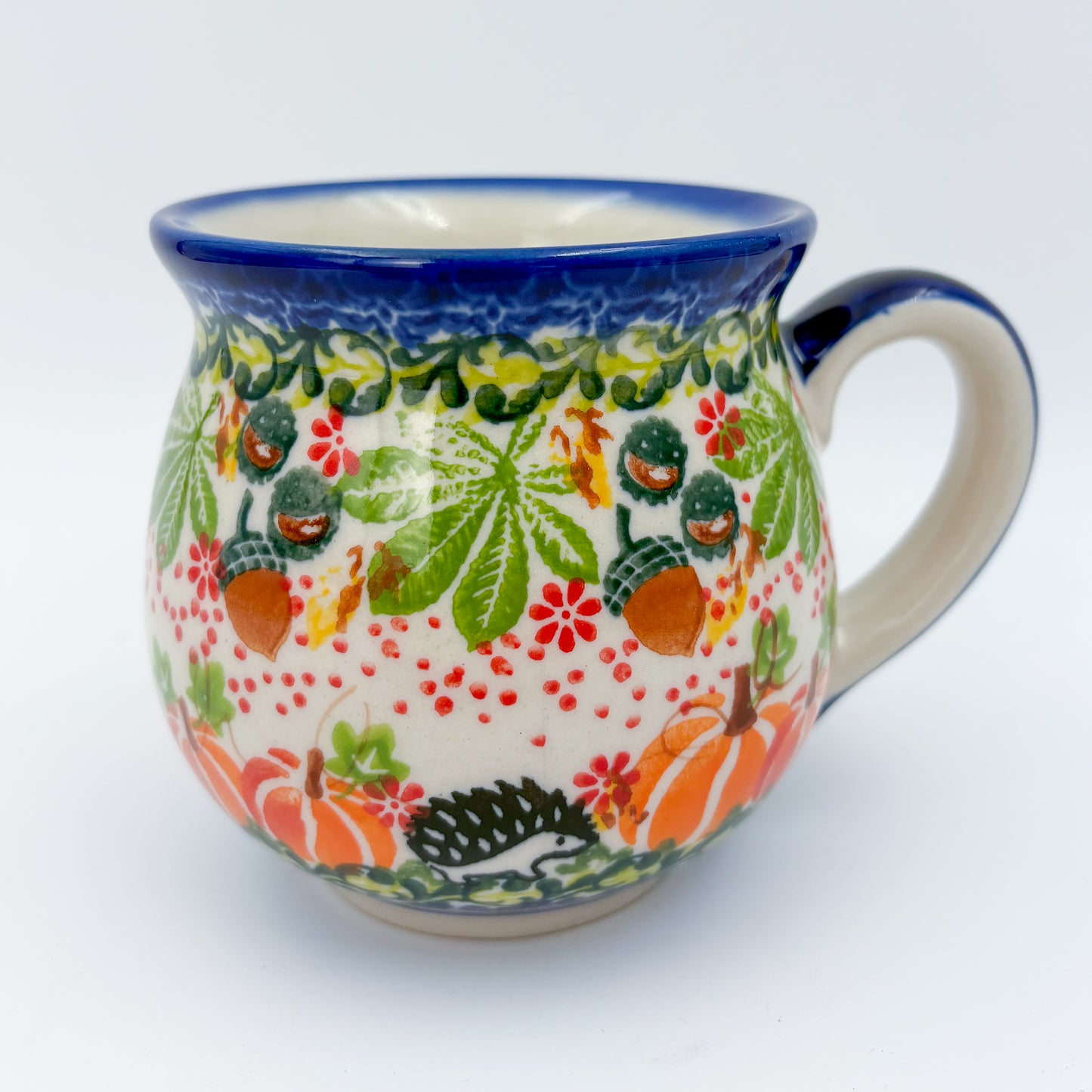 10 oz Bubble Mug. Handcrafted Polish pottery stoneware:  UNIKAT Hedgehog and Pumpkin