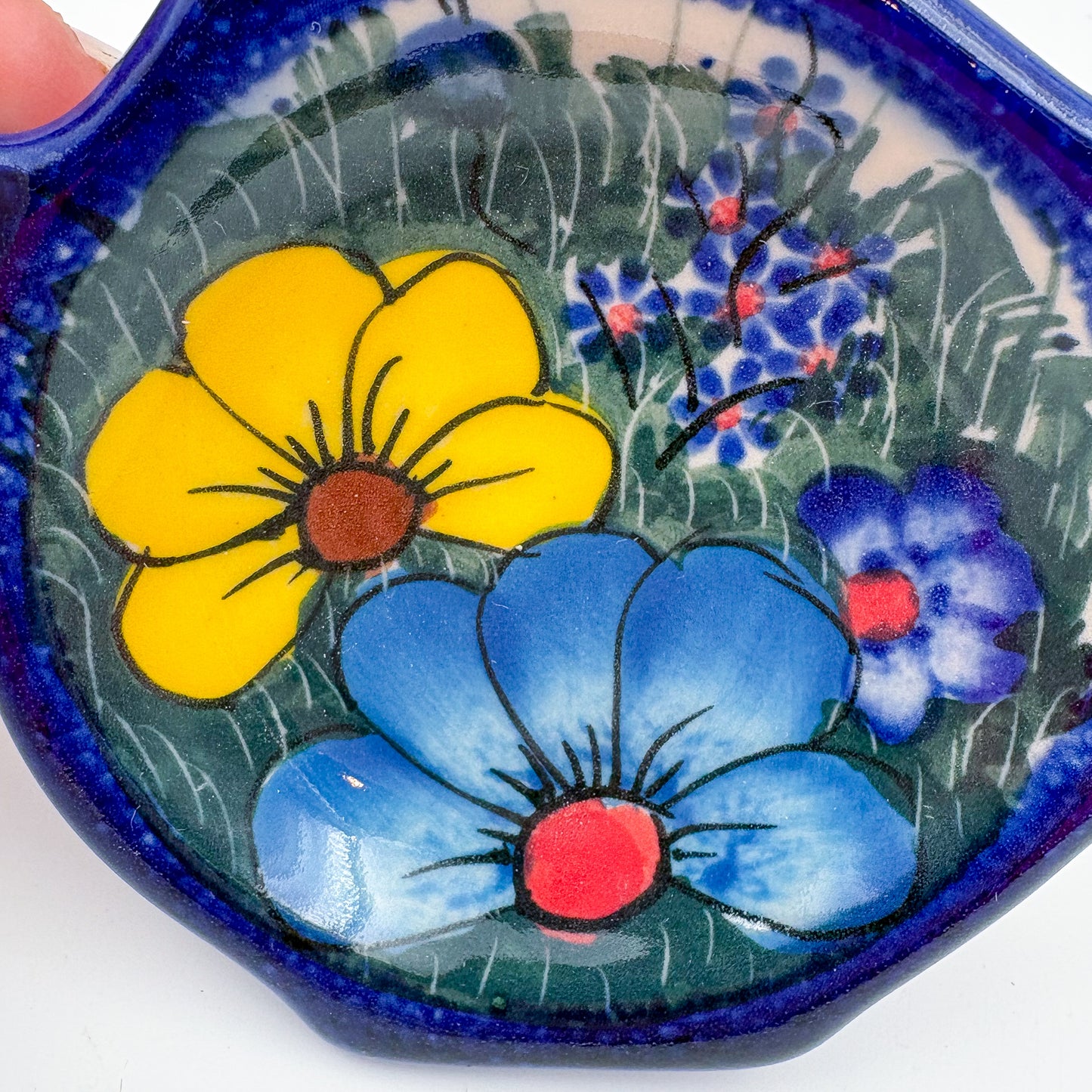 Teabag Holder.  Handmade Teapot Polish pottery.  UNIKAT Forget Me Not Pansy