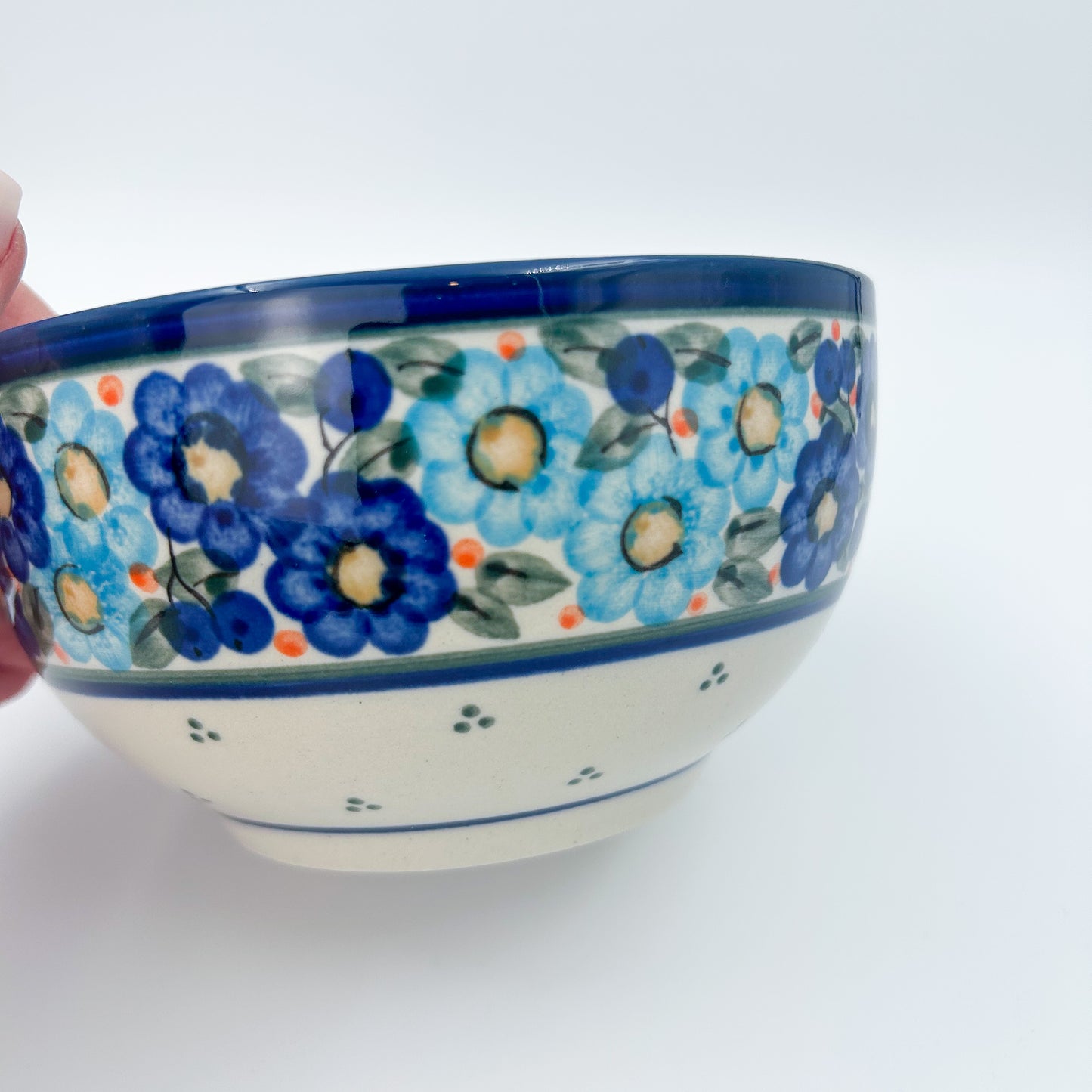 6.25” Deep Bowl.  Hand crafted Polish pottery stoneware:  Garden Party Blues