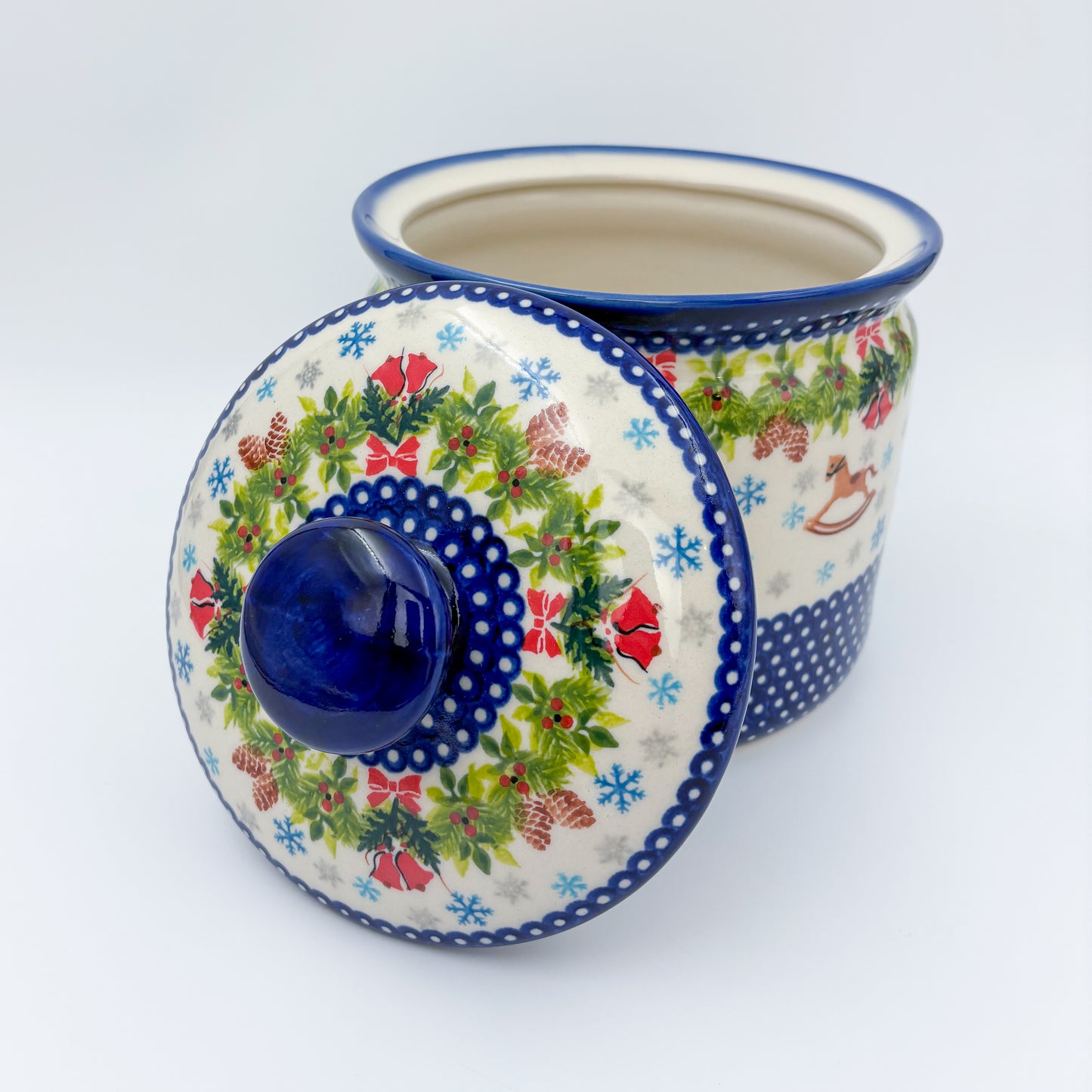 7" Antek Jar.  Handmade Polish pottery.  UNIKAT Horse and Bells Design