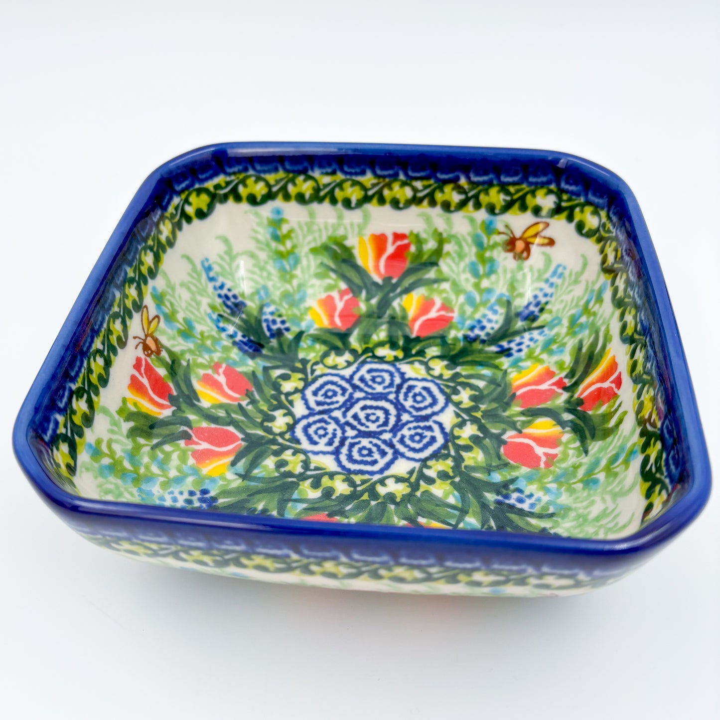 6” Square Bowl.  Hand crafted Polish pottery stoneware:   Unikat Tulips and Bees