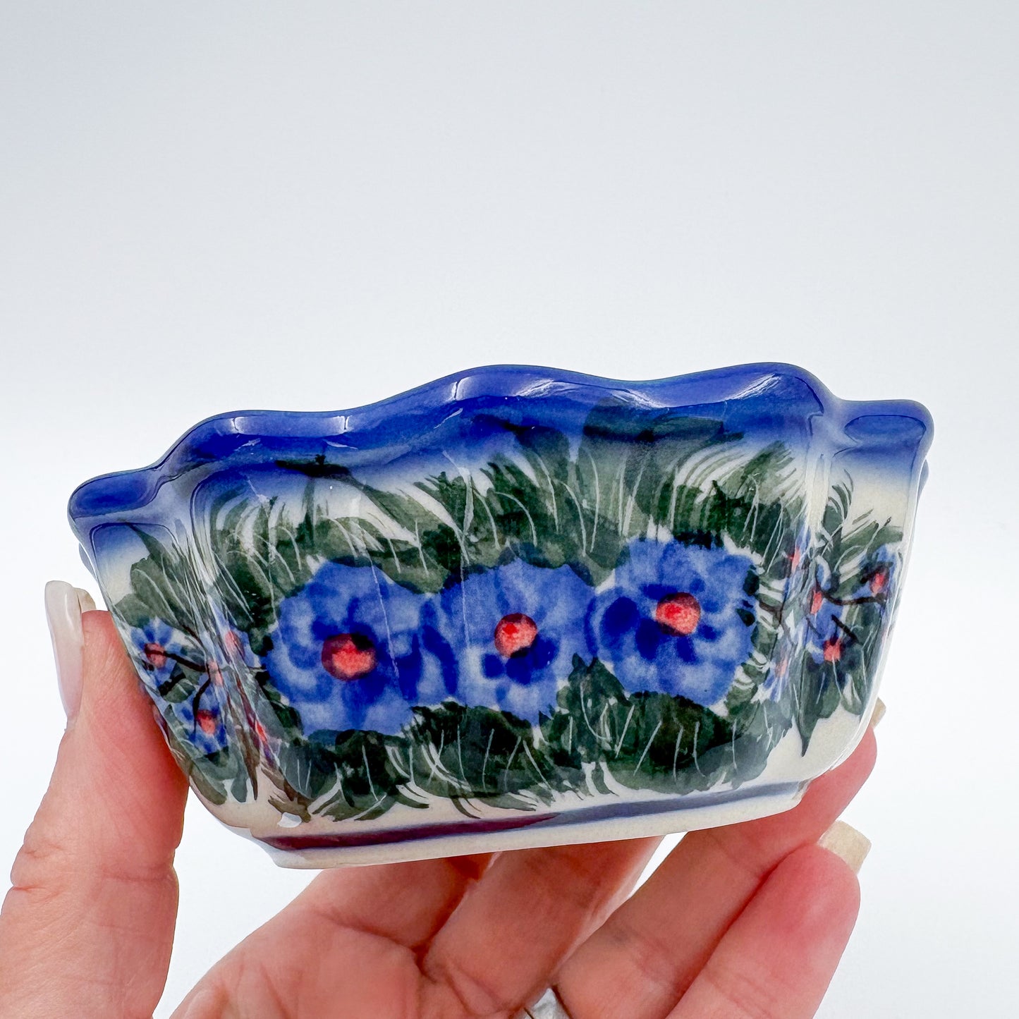4” Small Babka Bowl.  Hand crafted Polish pottery stoneware:  UNIKAT Forget Me Not Pansy