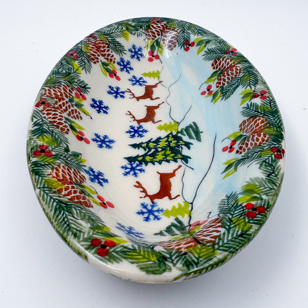 7" Oval Milano Platter  Hand crafted Polish pottery stoneware: UNIKAT Reindeer Bliss Design