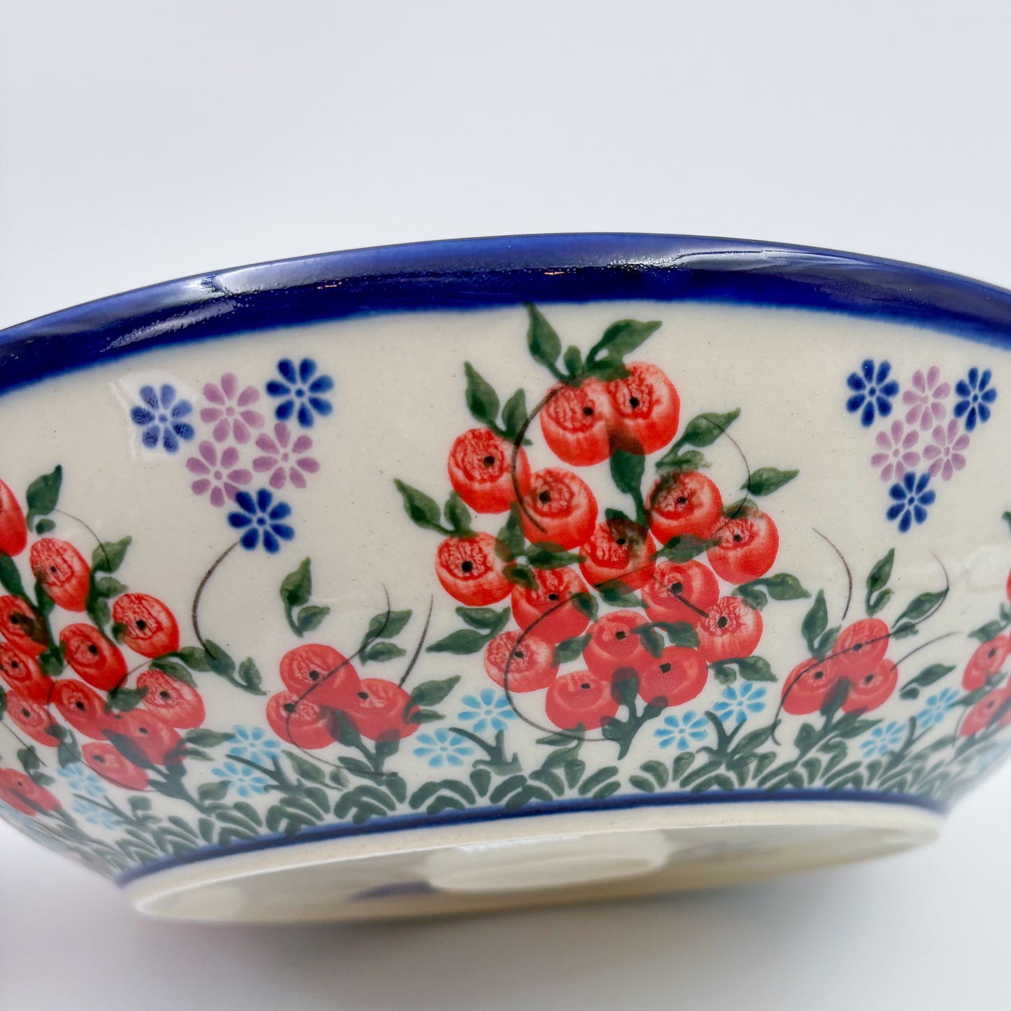 10" Bowl with Handles.  Hand crafted Polish pottery stoneware:  UNIKAT Red Berry Pattern