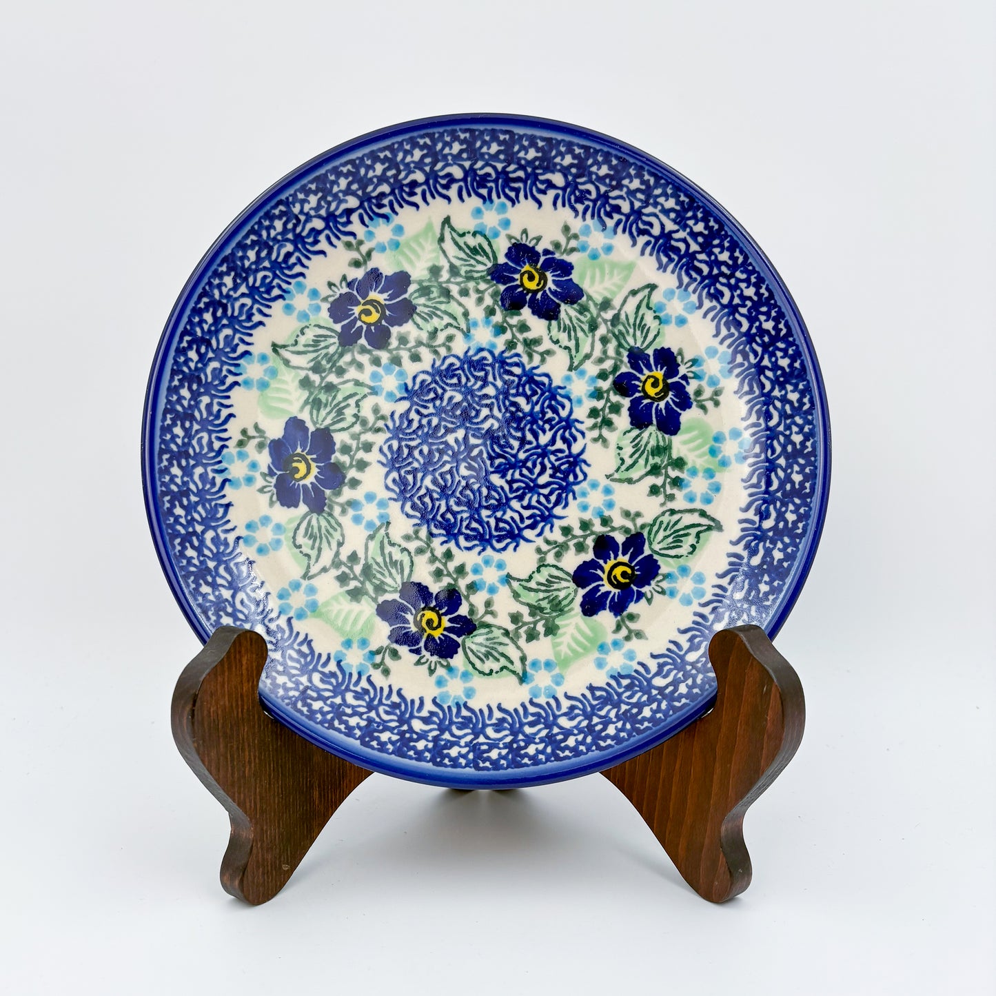 7.5” Plate.  Hand crafted Polish pottery stoneware: UNIKAT Blue Floral Day Design