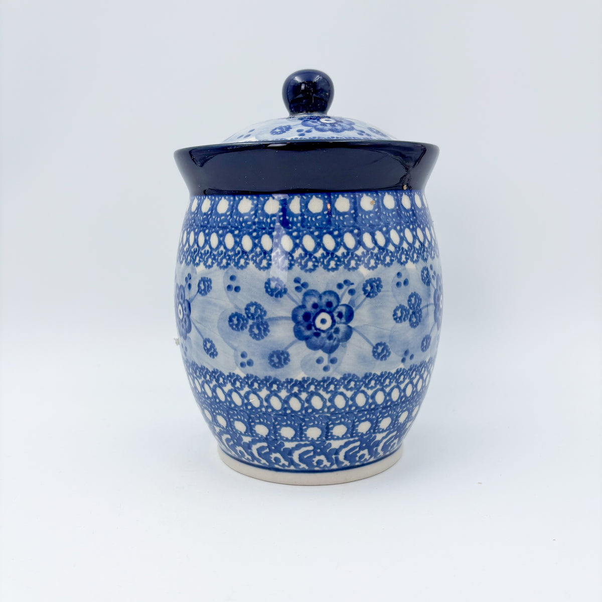 6" Lidded Jar.  Handmade Polish pottery.  UNIKAT Blue Poppy Design