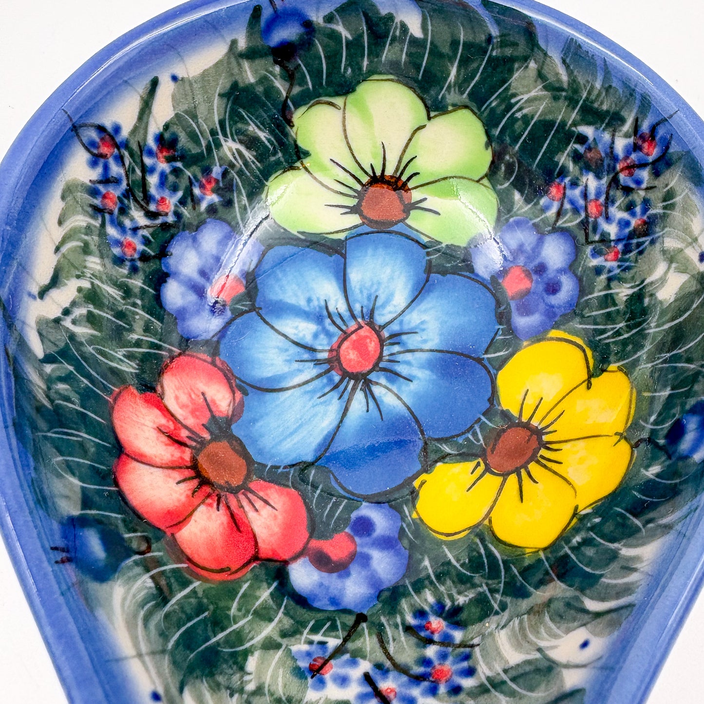 Spoon Stand.  Handmade Polish pottery.  UNIKAT Forget Me Not Pansy