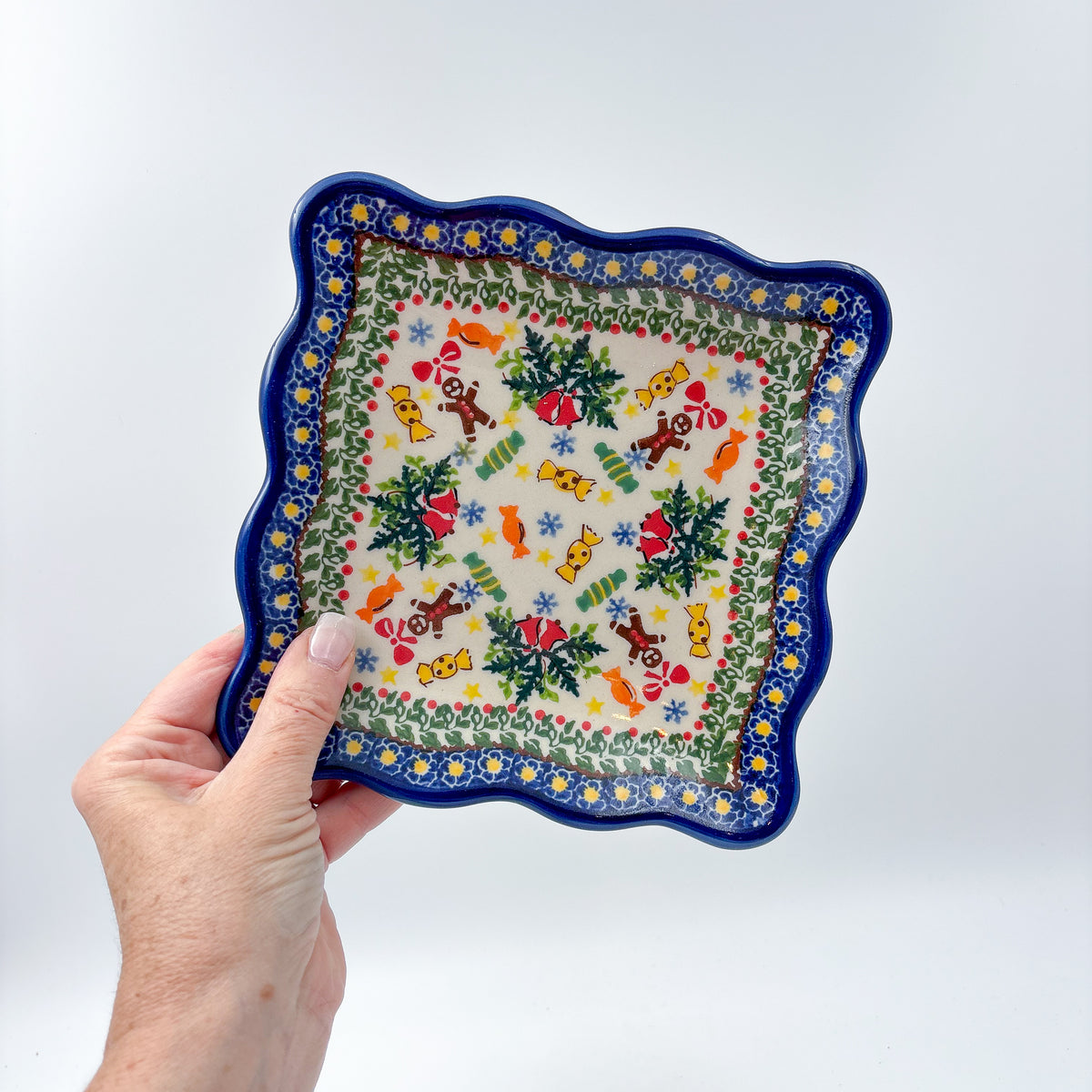 7" Square Scalloped Edge Cookie Plate.  Hand crafted Polish pottery stoneware: UNIKAT Candy Heaven Design