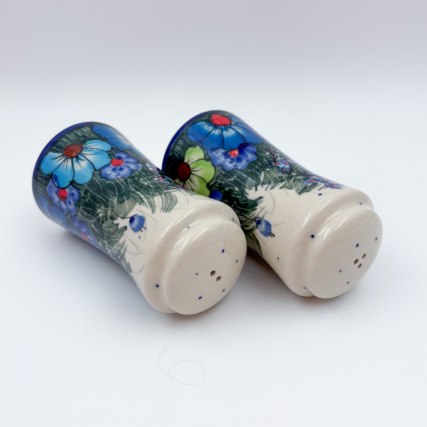 5” Salt and Pepper Shakers.  Handmade Polish pottery.  UNIKAT Forget Me Not Pansy