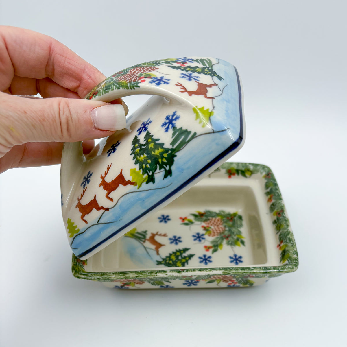 Butter Dish Deep: Hand crafted Polish pottery stoneware: UNIKAT Reindeer Bliss
