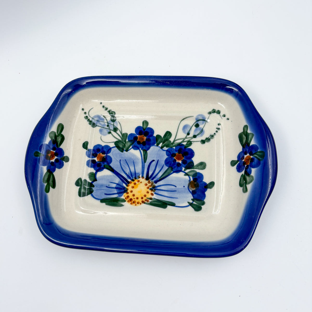 7" Butter Dish.  Handmade in Poland. UNIKAT Poppies in Blue