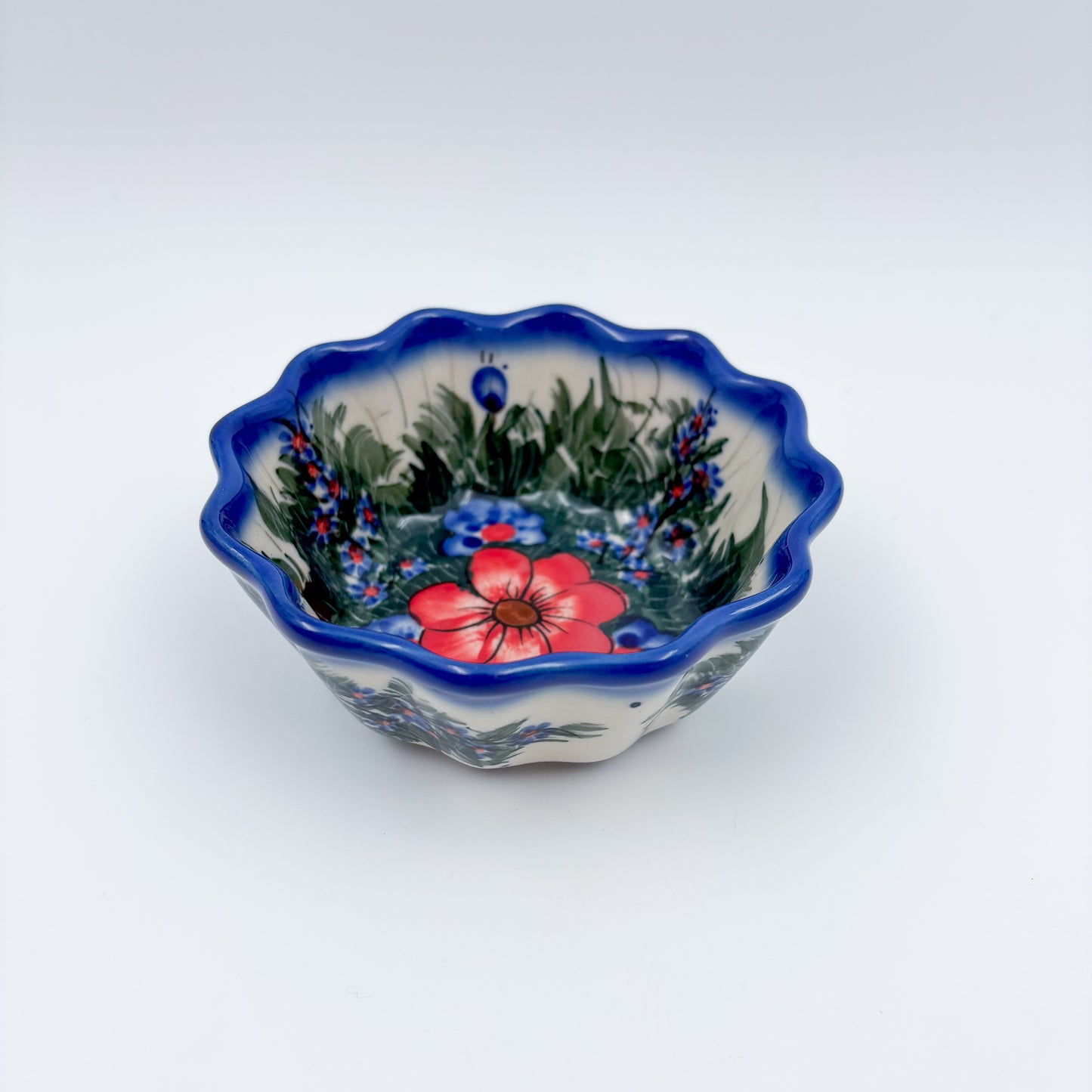 4” Small Babka Bowl.  Hand crafted Polish pottery stoneware:  UNIKAT Forget Me Not Pansy