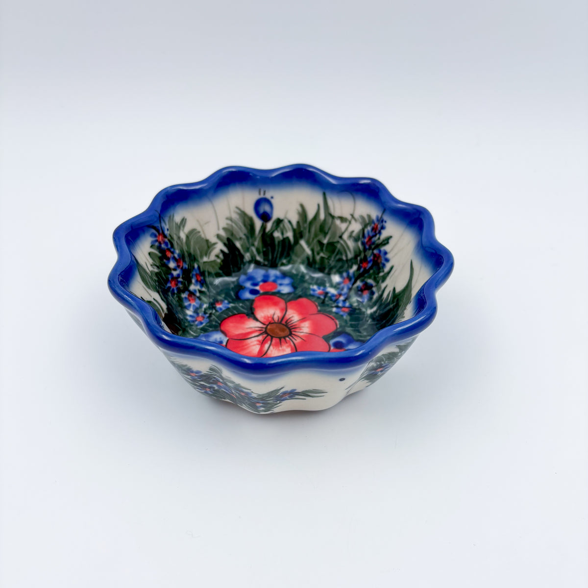4” Small Babka Bowl.  Hand crafted Polish pottery stoneware:  UNIKAT Forget Me Not Pansy