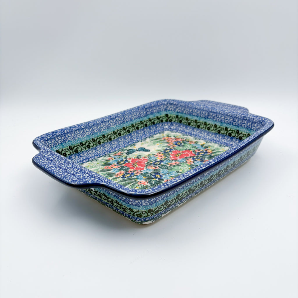 9.5" Rectangular Baker with Handles .  UNIKAT Spring Floral Garland