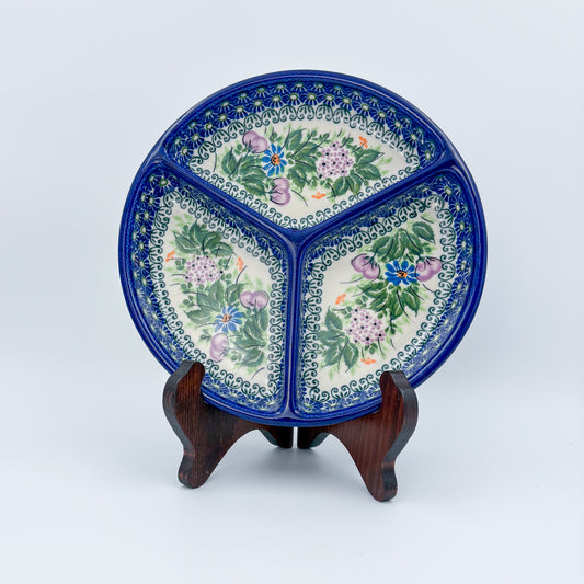 9" Divided Platter  Hand crafted Polish pottery stoneware: UNIKAT Floral Garden Design