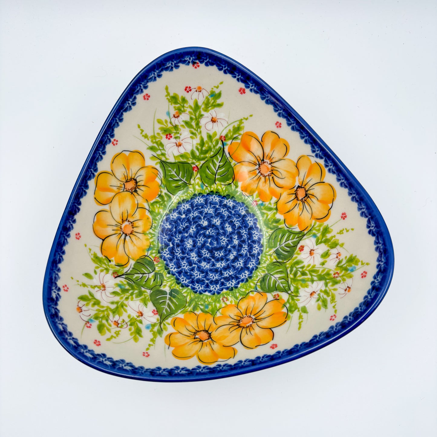 3 Point Bowl.  Hand crafted Polish pottery stoneware:  UNIKAT Orange Poppy Pattern